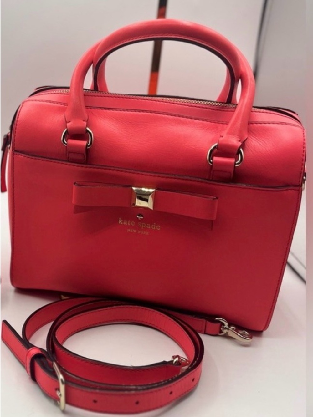 Kate Spade Wellesley Alessa Coral Leather Satchel Bow Bag & Crossbody Strap NWOT